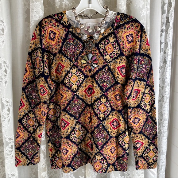 CHARTER CLUB * NWOT Persian Tile Patterned Jewel-Tone Cardigan Sweater - Picture 1 of 6